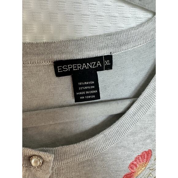 Esperanza Gray Embroidered Floral XL Sweater Cardigan Secretary Retro - Picture 2 of 10